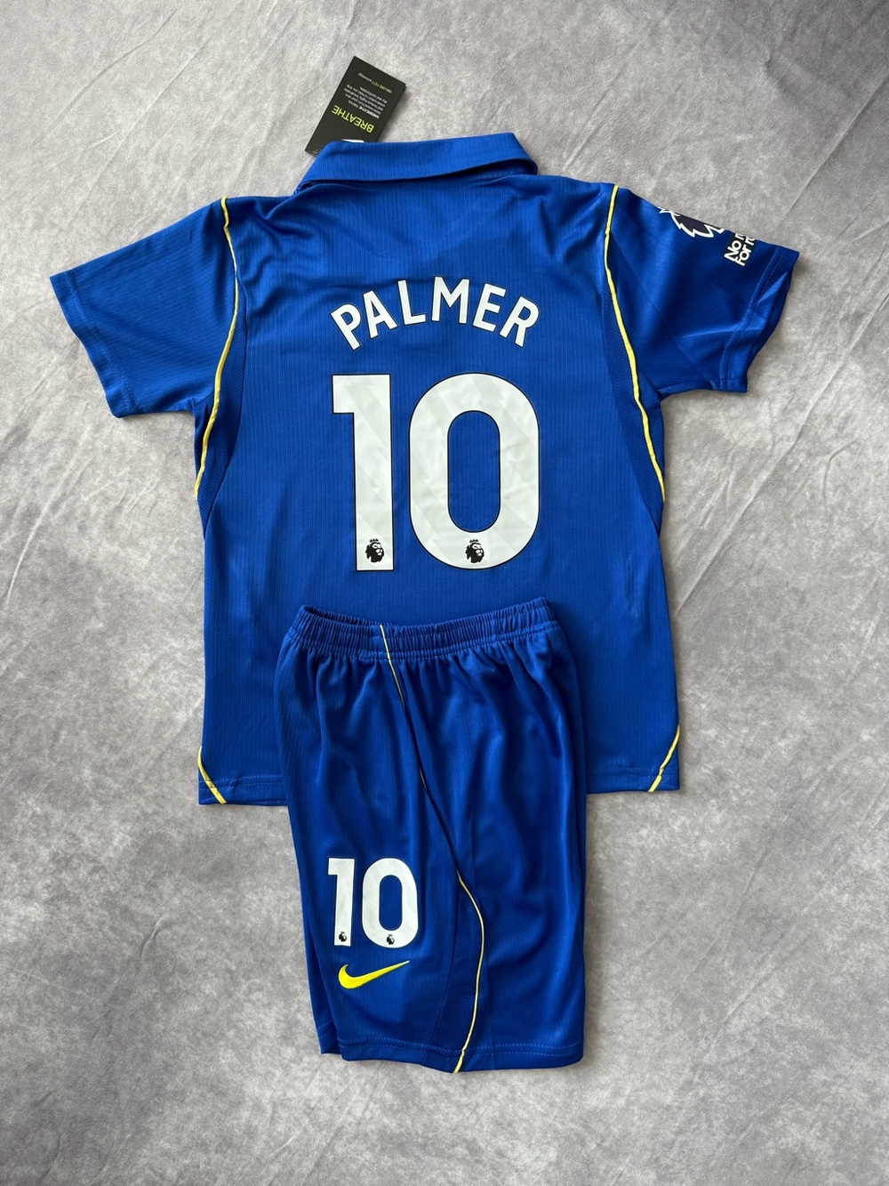 Chelsea Home set Kids Blue Palmer #10 Soccer Jersey & Shorts with Yellow Trim